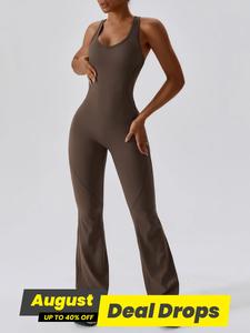 Women's Solid Cut Out Backless Sports Tummy Control Jumpsuit, Quick Drying U Neck Sleeveless Jumpsuit for Yoga Gym Workout, Ladies Sportswear for Summer, Athletic Training Apparel, Solid Color Jumpsuit