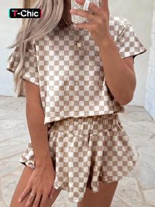 Women's Two-Piece Set Casual Colorblock Checkerboard Printed Short Sleeve Tee & High Waist Skorts, Chic and Cozy Apparel for Daily Outdoor Wear, Ideal for Spring and Fall Womenswear