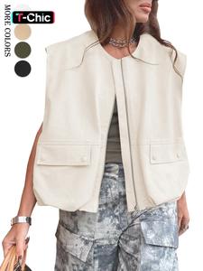 Women's Solid Zip Up Vest Jacket, Casual Sleeveless Top, Ladies Clothes for Spring & Fall