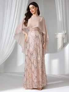 Elegant Blush Sequin Evening Gown with Sheer Long Sleeves, Flattering Waist Design, Perfect for Formal Occasions, Formal Wear