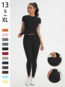 2-piece set - Solid color round-neck T-shirt short sleeves + Women's high-waisted slim-fit athletic pants for a tight and curvaceous silhouette. A comfortable outfit suitable for daily home wear.